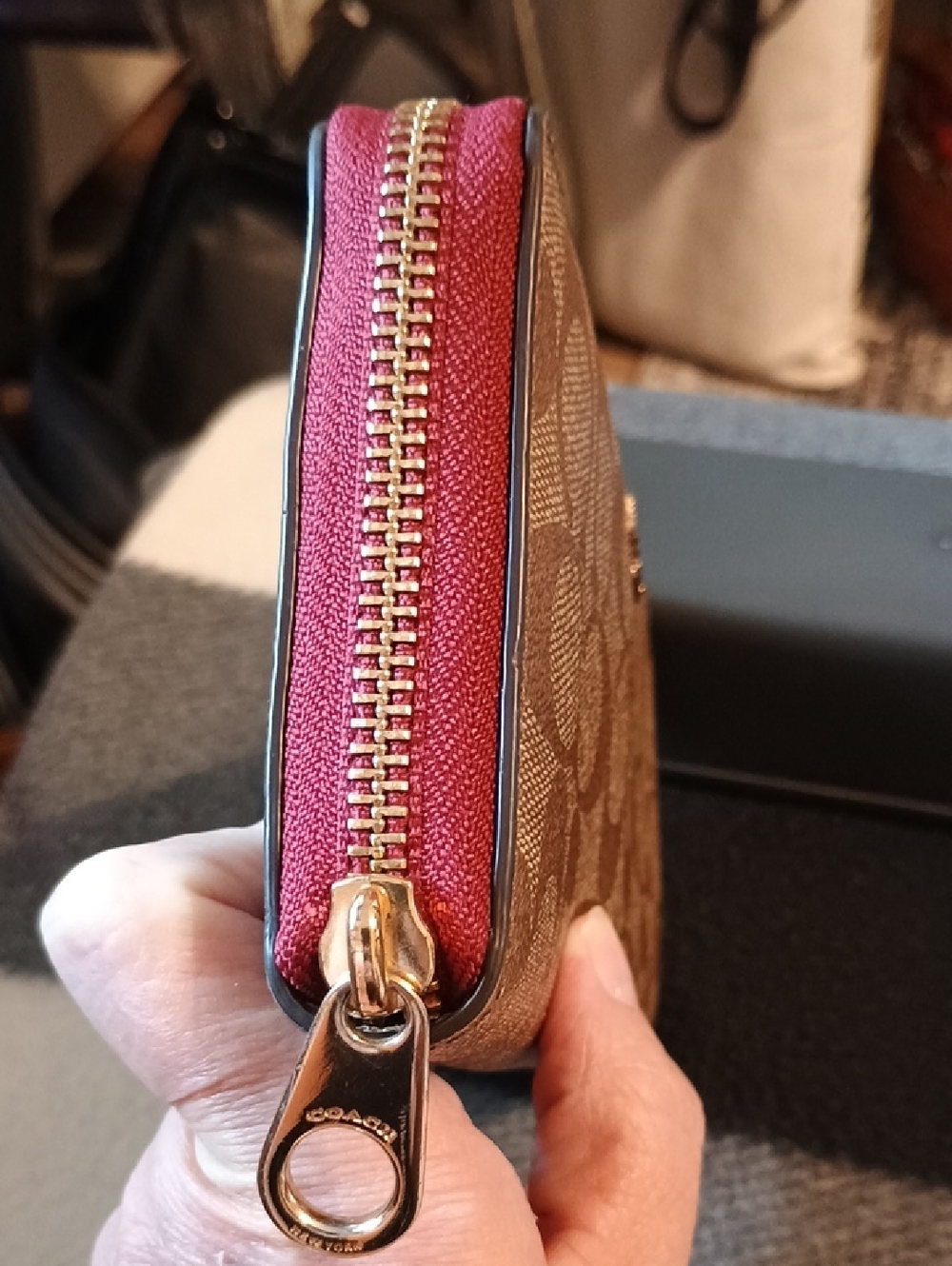 Coach Brown/Khaki Signature Zip Wallet with Wine Trim - Picture 5 of 10